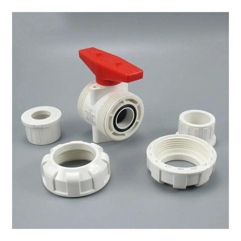 White PVC Ball Valve Union Fitting Set 3 Pcs 50 MM Precision Design For Water Pipe Plumbing Hose Connections Quick Snap Lock And Rock Solid Performance Built Tough with valve and connectors.