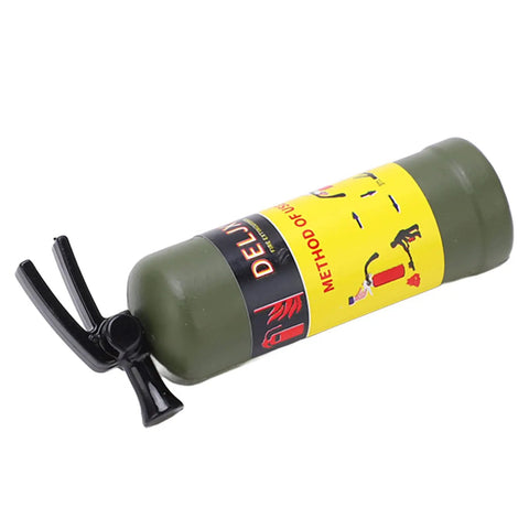 Slick Green Mini Fire Extinguisher For RC Rigs With Vivid Simulation Look And Quick Swap Mounting For Axial SCX10 And WPL MN Series Trucks, side view.