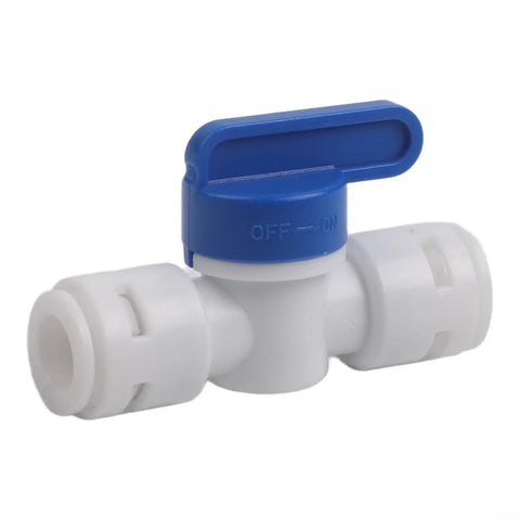 5 Pack 3 8 Inch Push In Ball Valve Quick Connect Plumbing Fitting Leak Proof Polypropylene water flow control valve with blue handle.