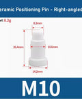 Heavy Duty Ceramic Positioning Pins For Spot Welding Machines Right Angle M10, dimensions labeled, 8.2g, white ceramic.