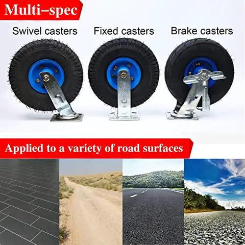 Heavy Duty Swivel Casters Rock Solid Eight And Ten Inch Pneumatic Wheels With Side Brakes And Quick Install Mount Brackets Pack Of Four showing swivel, fixed, and brake casters.