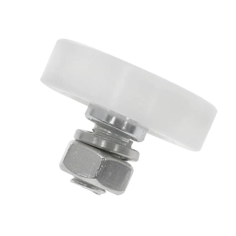 Heavy Duty Nylon Pulley Rollers With Internal Bearings For Drawer Slides And Filing Cabinets Super Quiet Ride No Sweat Assembly With Included Washers And Nuts Badass Hardware For Sweet Gliding Movement Pack Of Ten close-up view of a white nylon roller with stainless steel nut for drawer slides.