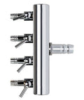 Straight Up Four Way Aquarium Air Valve Inline Manifold Splitter For Freshwater Fish Tank Air Pump Tubing, chrome finish, four outputs.