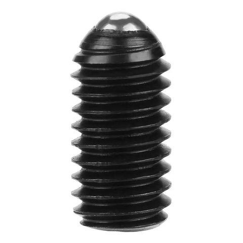 Built Rugged Carbon Steel M6 Hex Socket Ball Spring Plunger Set Ten Piece, close-up of black carbon steel spring plunger.