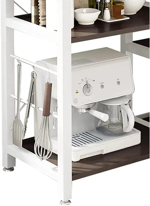 Heavy Duty Three Tier Kitchen Storage Rack And Slick Baking Station With Powder Coated Metal Frame And Sturdy Laminate Shelves, showcasing a white coffee machine on a dark shelf.