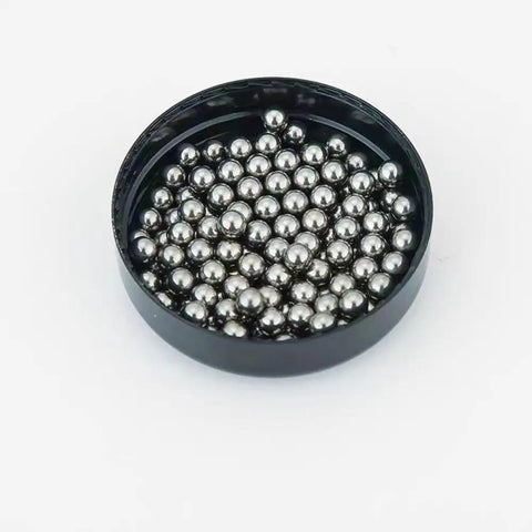 Top Shelf 304 Stainless Steel Precision Balls, 1/8 Inch Diameter, G100 Grade Heavy Duty Bearing Spheres in a container.