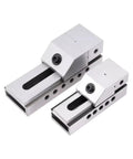 Quick Adjust CNC Work Holding Vise For Precision Machining, High Quality Metalworking Vise With Rapid Jaw Width Change, Fits 38 And 50 Series, In Stock For Workshops And Hardware Stores. Two silver CNC vises, steel body, QKG38 and QKG50.