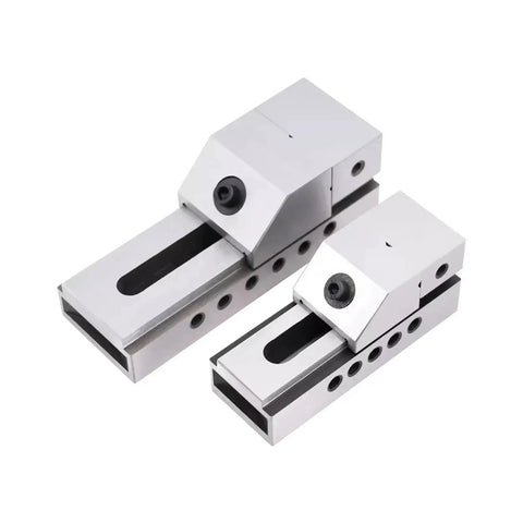 Quick Adjust CNC Work Holding Vise For Precision Machining, High Quality Metalworking Vise With Rapid Jaw Width Change, Fits 38 And 50 Series, In Stock For Workshops And Hardware Stores. Two silver CNC vises, steel body, QKG38 and QKG50.
