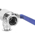 Built Like A Tank Stainless Steel 3 Way Tri Clamp Ball Valve With PTFE Seal, featuring a blue handle for easy operation.