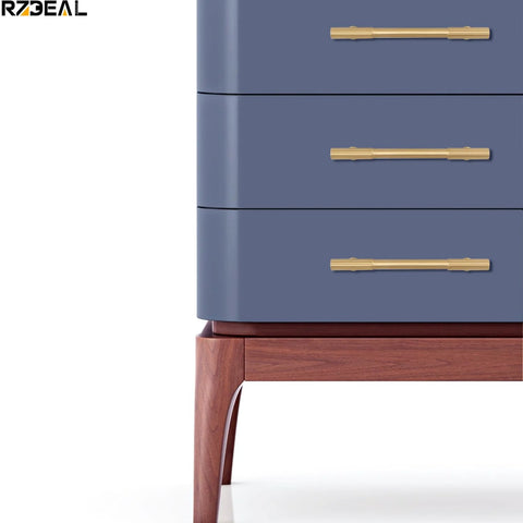 2 Pack Solid Brass Gold Cabinet Pulls With 3 And 3 Quarters Inch Center To Center For Kitchen Cabinets Dresser Drawers Wardrobes And Bathrooms Brushed Brass Durable Hardware Upgrade For Modern Furniture on blue dresser