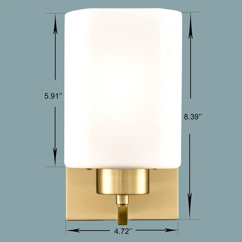 Modern Gold Wall Sconce Vanity Light With Milky White Glass Shade Set Of 2 For Bathroom And Bedroom, Vintage Brassy Finish, front view
