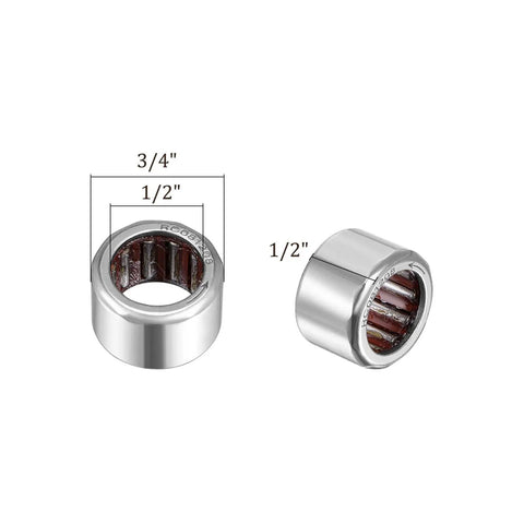 Two Pack RC081208 One Way Needle Roller Bearings 1/2 In Id X 3/4 In Od X 1/2 In Width shown from multiple angles, chrome steel design.
