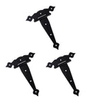 Heavy Duty Black T Shaped Decorative Barn Door Hinges Dang Tough Garden Shed Gate Strap Hardware With Weather Resistant Finish, 3 pack angle view.