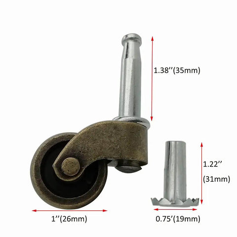 Heavy Duty 1 Inch Swivel Stem Ball Caster Wheels With Socket Plate For Furniture Upgrade, Antique Brass Silent Rollers For Chair Or Cabinet, Pack Of Four, Built Tough And Dang Smooth close-up of caster wheel with dimensions shown