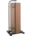 Real Deal 72 Inch Vertical Jumbo Paper Cutter With Massive Cutting Capacity And Smooth Action Blade For Large Format Drafting Jobs Built Like A Tank With No Casters For Rock Solid Stability On Any Shop Surface. Heavy-duty black metal frame supporting brown paper roll.