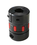 Top Shelf Flexible Shaft Coupler With Clamp Type Jaw Spider Design Rock Solid Plum Steel Construction For Motor And Ballscrew Drives, shown from the side.