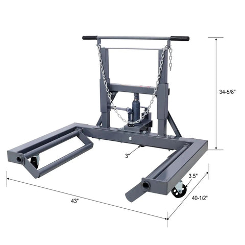 Dual Wheel Truck Dolly With Integrated Jack And 1500 Lb Capacity Adjustable Height For Heavy Trucks, 43-inch wide, metal frame.