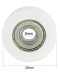 Four Pack Deep Groove V Belt Guide Pulley Wheel With Silent Precision Bearings And Heavy Duty Linear Motion Design For Buttery Smooth Operation And Knockout Durability, white nylon wheel with 8mm bore and 30mm diameter.