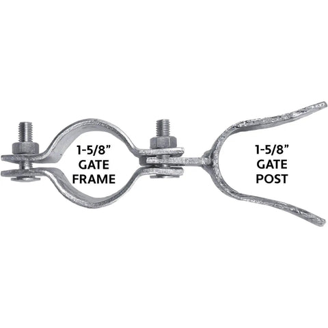Top Tier Galvanized Chain Link Fork Gate Latch With Padlock Hole Fits Standard 1 5/8 Inch Piping close-up of galvanized gate latch installation