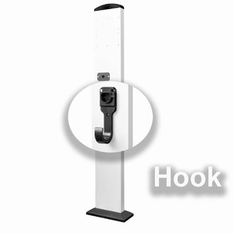 Kickass EV Charger Station Box And Cable Keeper with a hook for holding electric car cords on a solid aluminum pole.