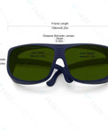 Top Shelf Professional IPL Laser Safety Glasses For Hair Removal And Cosmetology Featuring Wide Spectrum 190Nm To 2000Nm Protection with green lenses and sleek black frames.