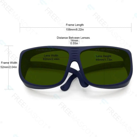 Top Shelf Professional IPL Laser Safety Glasses For Hair Removal And Cosmetology Featuring Wide Spectrum 190Nm To 2000Nm Protection with green lenses and sleek black frames.