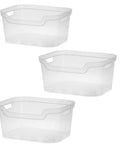 Solid As A Rock Clear Storage Bins Three Pack Tough As Nails transparent plastic crates stacked, measuring 14 by 11 by 7 inches.