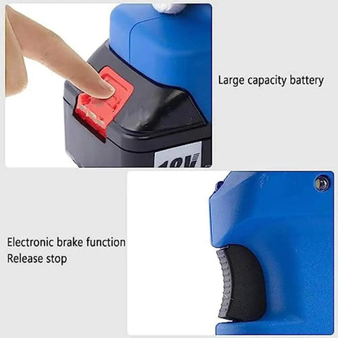 Electric Cable Cutter For Copper And Aluminum Wire Cordless 18V Battery Powered Fast Cut In Seconds Hammers Through Copper And Aluminum Cables Up To 120 Millimeters Heavy Duty Electric Wire Cutter With Two Rechargeable Batteries EZ120C showing large capacity battery and electronic brake function details