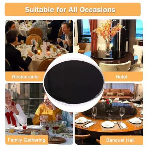39 Inch Glass Lazy Susan Turntable With Six Super Slick Wheels Hella Sturdy Rotating Serving Tray at a banquet hall table setting.