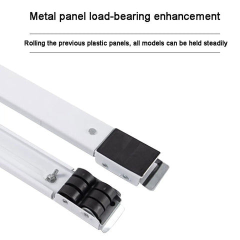Straight Up Heavy Duty Appliance Roller Base With Easy Roll Lock Casters Adjustable Floor Risers For Machines And Fridge Ballistic Grip White, close-up of metal panel load-bearing enhancement with wheels.