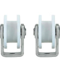 Heavy Duty Nylon Sliding Track Roller And Directional Pulley With 3 Inch Grooved Caster Wheels Featuring stainless steel brackets.