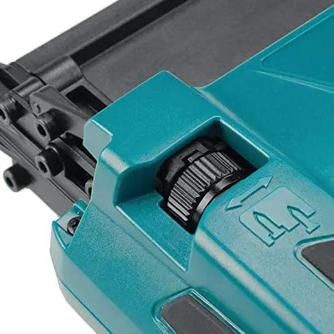 Detail of the depth adjustment on Built Different Heavy Duty 18 Volt Cordless Brad Nailer Holding 110 Nails With No Sweat Depth Adjustment And Sequential Trigger For Fast Finish Carpentry Jobs Renewed Tool Only.