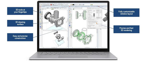 Laptop displaying Lifetime 3D CAD Software For Home Design, Architecture And Engineering, AutoCAD Compatible with 3D modeling interface