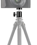 DSLR camera on black universal 1/4-inch mini ball-head tripod mount on a small tripod.