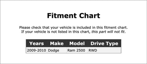 Fitment chart for Front Wheel Bearing and Hub Assembly for Dodge Ram 2500 2009 to 2010, showing vehicle compatibility details.