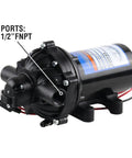 Beefy 4.0 GPM 12V Diaphragm Pump With Half Inch NPT Ports, Self Priming Up To Eight Feet, Boxed Unit, side view with port detail