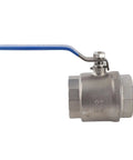 Two Inch Full Port Ball Valve Crafted From Premium 304 Stainless Steel For Heavy Duty Plumbing Jobs That Deliver Rock Solid High Pressure Flow Complete Rust Resistance And Truly Hassle Free Operation, shown with blue handle.