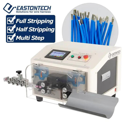 Heavy Duty Automatic Cable Wire Cutter And Stripping Machine Featuring Touch Screen Display And Smart Motion Controller For Straight Shot Length Accuracy And Quick Setup During Rush Projects with visible controls and wire feed.