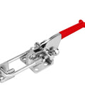Toggle Clamp With Adjustable U Bolt 700 Lb Holding Capacity Antislip Hand Grip Workhorse Latch in polished metal with red grip.