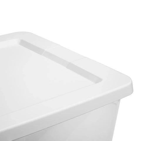 Close-up of top edge of Totally Dope 28 Quart Storage Bins 2 Pack Featuring Crisp Clear View And Snug Snap Lid for closet organization.