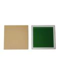 Top Shelf 12 X 12 X 0.2 Inch Laser Safety Window Panel Built Tough For Heavy Duty Fiber Lasers with green tint and beige background.