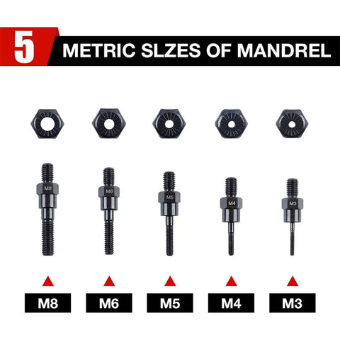 Five metric sizes of mandrel for Heavy Duty M3 Through M8 Electric Rivet Gun Adapter Kit, for precise fits in auto and DIY work.