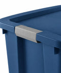 Massive 45 Gallon Rolling Storage Tote With Easy Glide Wheels To Tackle Heavy Hauling Tasks Without Breaking A Sweat Plus Stackable Design For Sweet Organization Solutions In Blue showing side handle and lid detail.