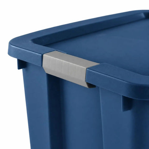 Massive 45 Gallon Rolling Storage Tote With Easy Glide Wheels To Tackle Heavy Hauling Tasks Without Breaking A Sweat Plus Stackable Design For Sweet Organization Solutions In Blue showing side handle and lid detail.