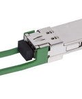 High Octane Slick QSFP28 Fiber Optic Transceiver Module with green latch, designed for heavy duty data center hook ups and switch compatibility.