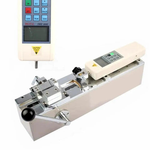 Top Shelf Heavy Duty Digital Push Pull Force Tester Rated At 500N Peak Load, horizontal design with precision fixture.