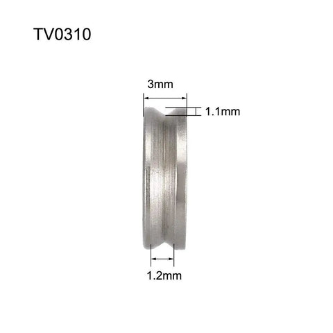 TV0310 Deep V Groove Guide Ball Bearings 3X10X3Mm side view showing 3mm width and Gcr15 alloy steel material.