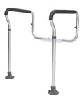 Built Tough Toilet Safety Rail With Padded Armrests, Adjustable Bathroom Safety Frame Fits Most Toilets, 300 Lbs Weight Limit. Silver aluminum frame with black padded armrests.