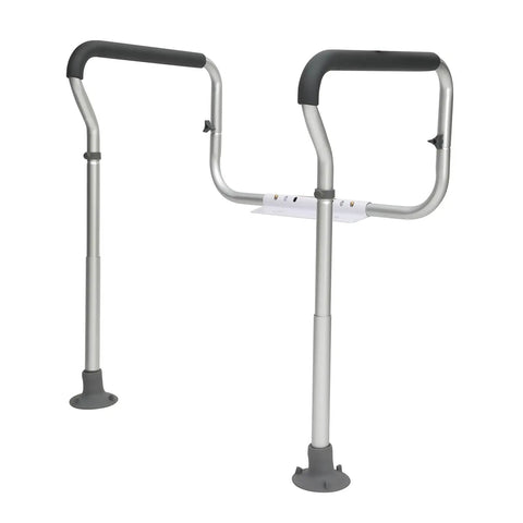 Built Tough Toilet Safety Rail With Padded Armrests, Adjustable Bathroom Safety Frame Fits Most Toilets, 300 Lbs Weight Limit. Silver aluminum frame with black padded armrests.