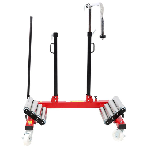 Heavy Duty Wheel Dolly Featuring Two Stage Hydraulic Pump With Four Heavy Duty Swivel Casters For Trucks And Tractors 2640 Lb Load Rating Steel Tire Cart Built Badass For Zero Sweat Rolling And Smooth Operator Precision In Black Red viewed from the side showcasing rollers and lifting mechanism.